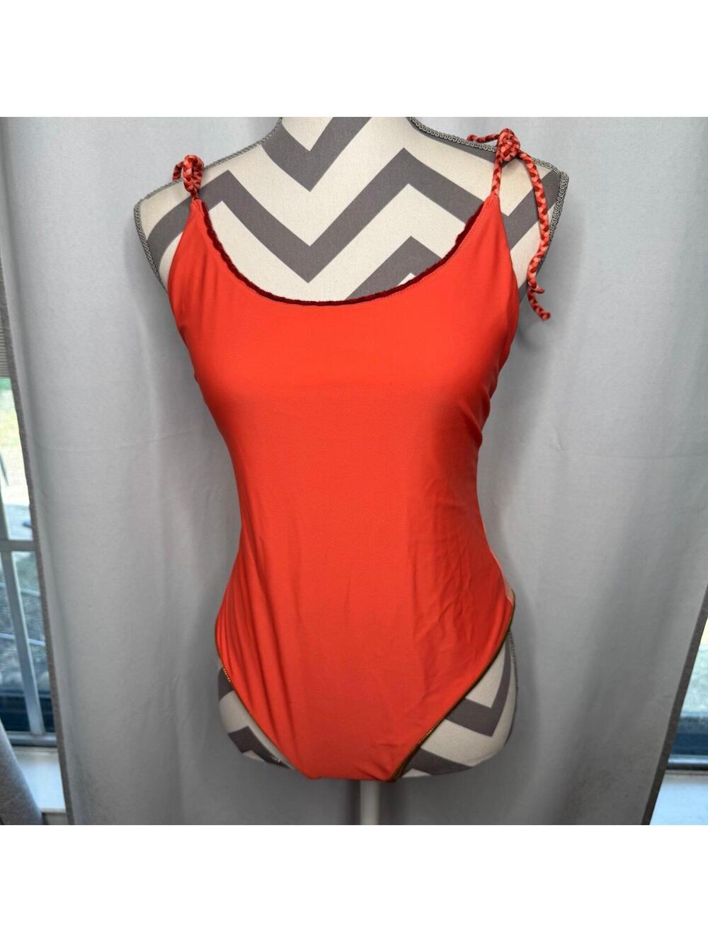 Aerie Cheeky One Piece Swimsuit in coral orange with crochet trim,
